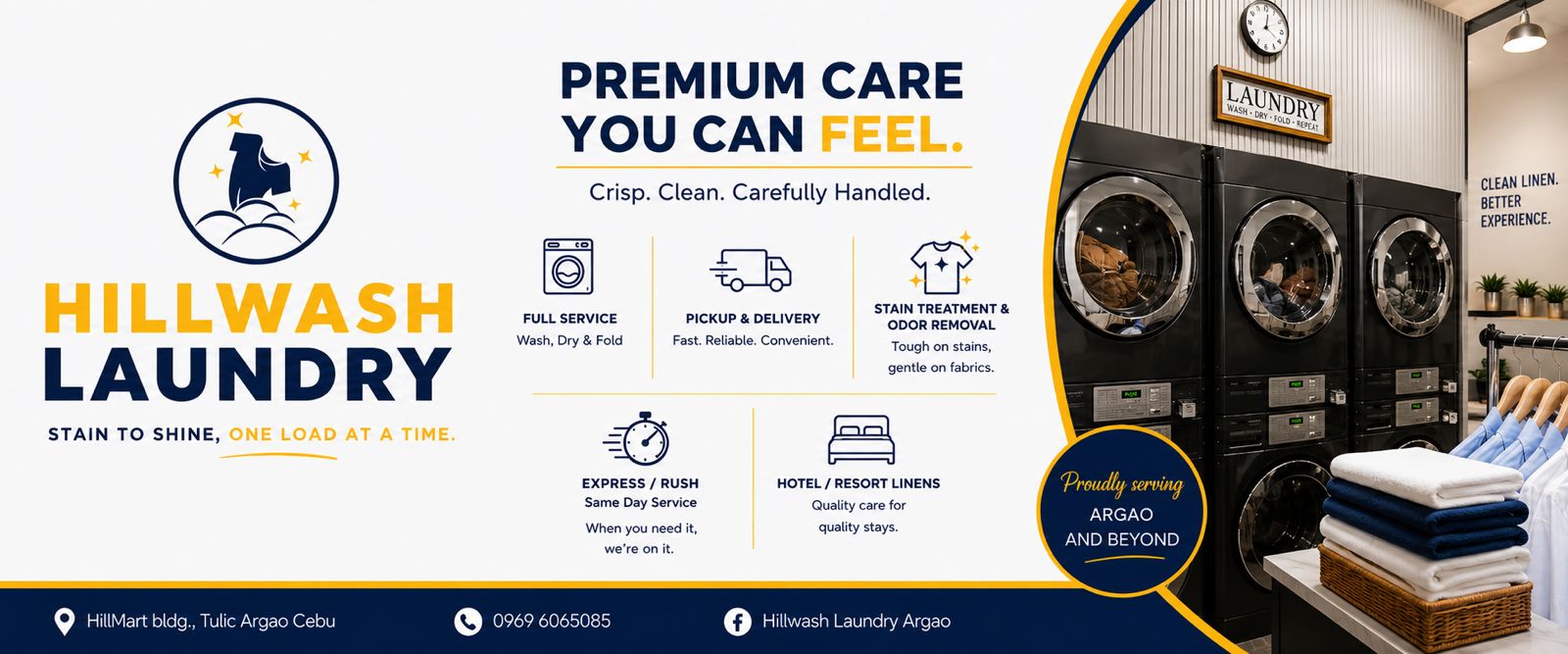 HillWash services overview — full service, pickup, hotel and resort linens