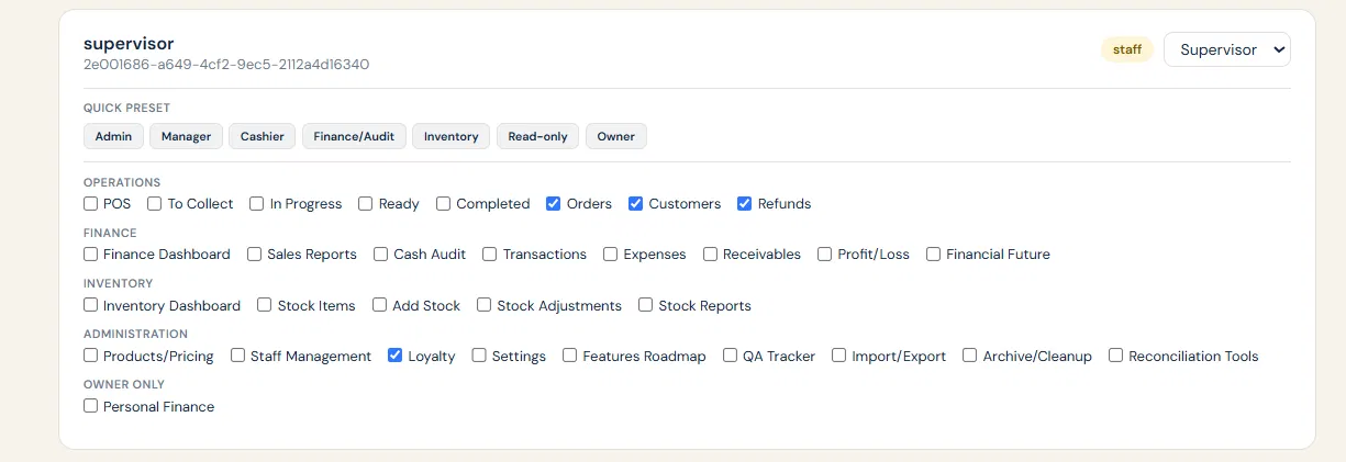 HillWash staff permissions panel showing role preset buttons and granular permission toggles across Operations, Finance, Inventory and Administration modules