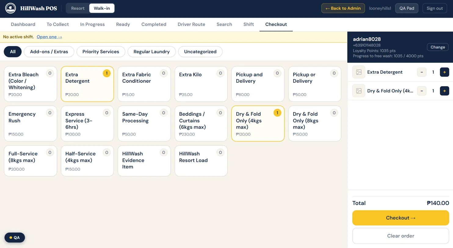 HillWash POS checkout screen showing service tiles, customer loyalty points lookup and order total