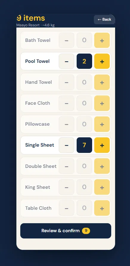 Resort collection clicker showing item counts for a resort: Pool Towel 2, Single Sheet 7, total 9 items