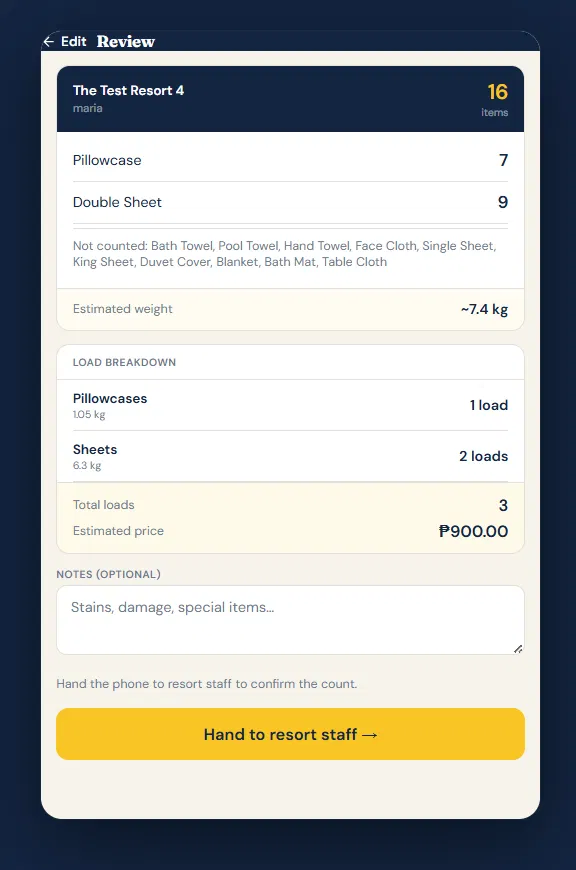 Resort confirmation screen showing the resort count summary and Confirm and Submit button