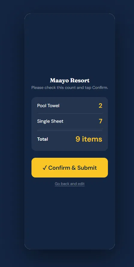 Resort collection review screen showing The Test Resort 4, load breakdown, estimated weight and price